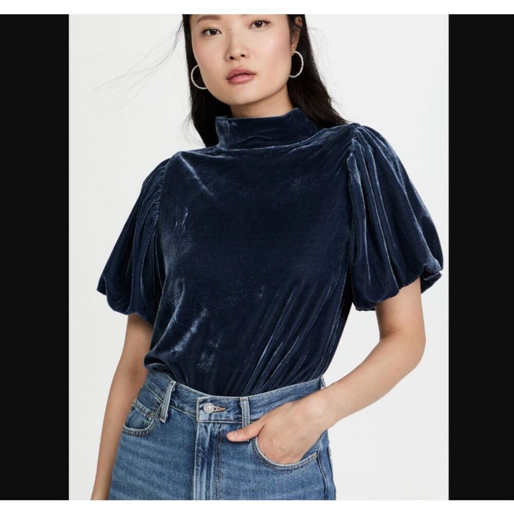 FREE PEOPLE teal Claudia Velvet Mock Neck Women's short sleeve bohemian Top Sz S